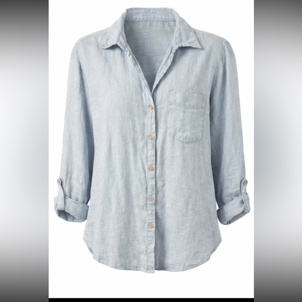 Zara Linen Light Blue Casual Shirt relaxed roll tab sleeve